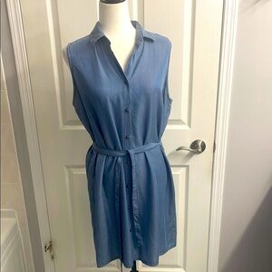 Sleeveless Shirt Dress with Collar, Button Down Front & Self Tie Belt, Size L